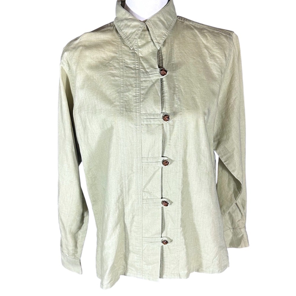 Coldwater Creek Button Down Women L Sage Green Frog Toggle Long Sleeve Shirt